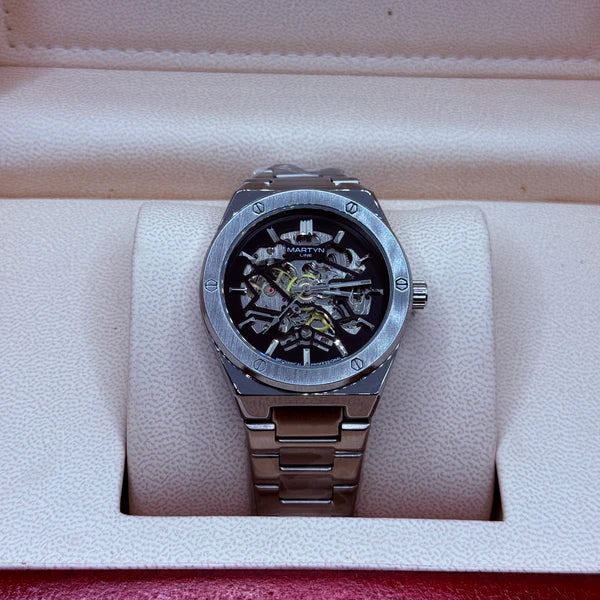 Automatic skeleton black dial with silver chain